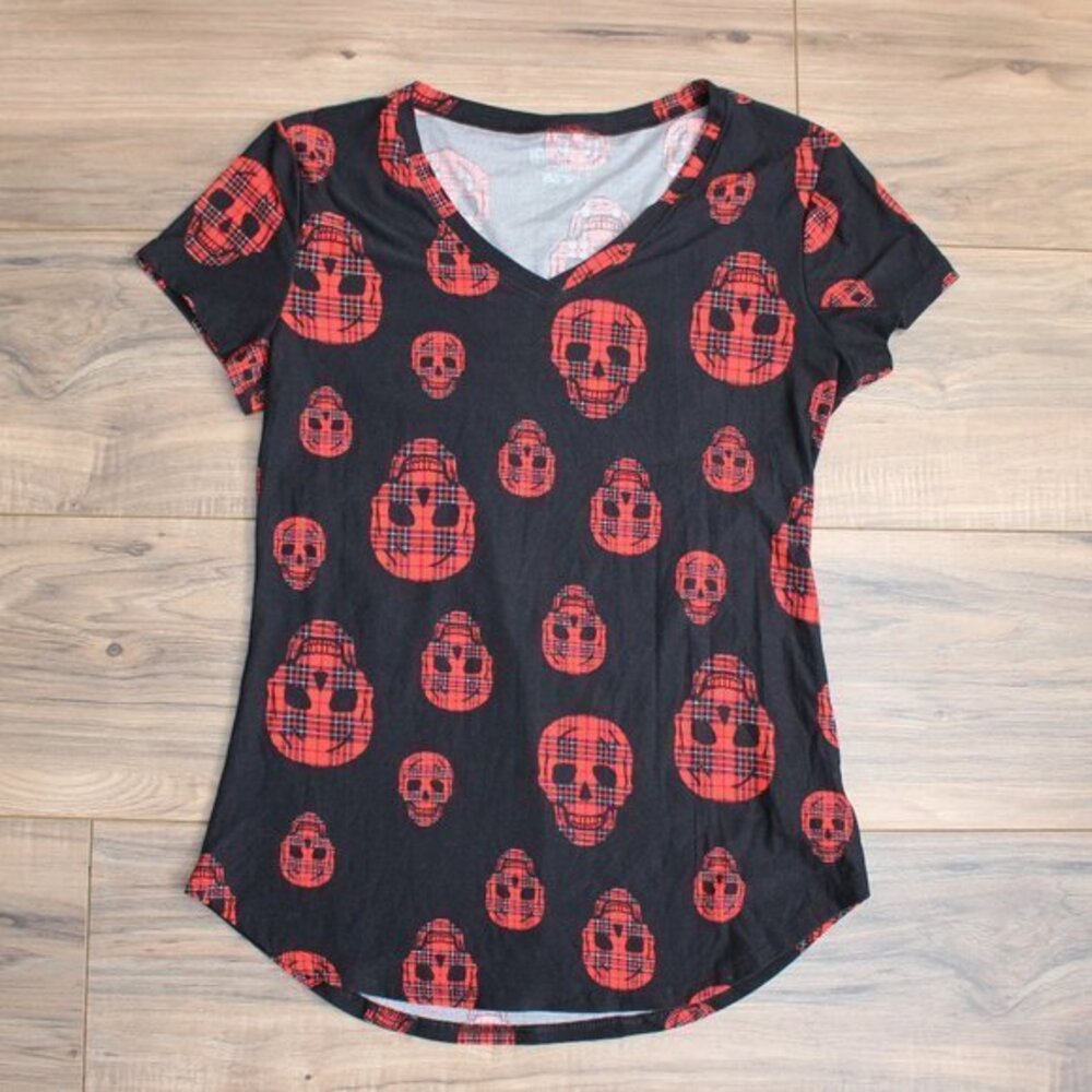 Punk Goth HT Hot Topic Red Plaid Skull Black Top S